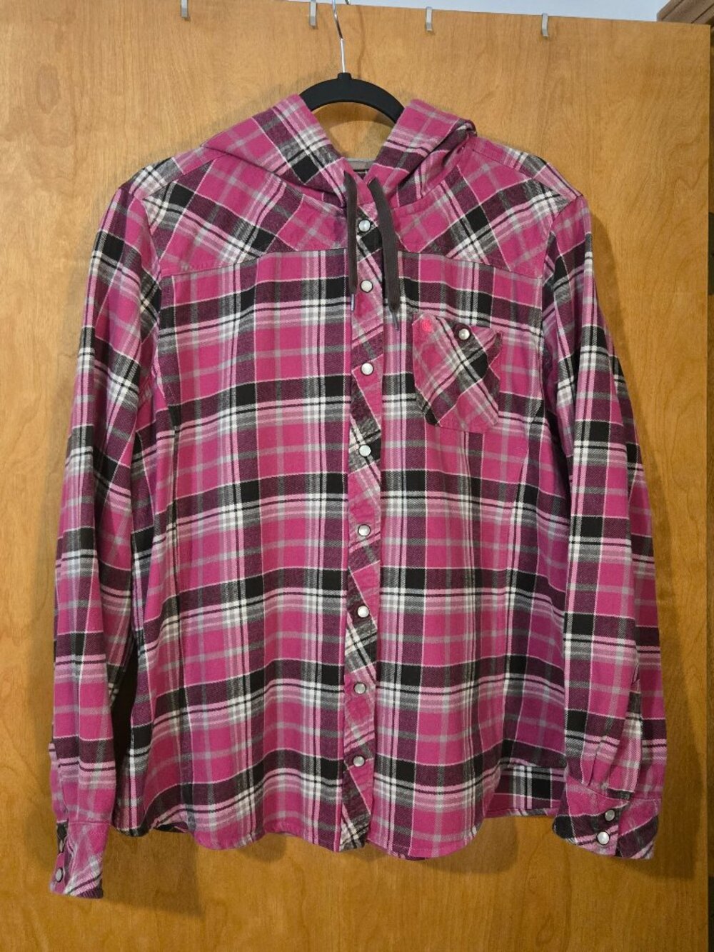 Carhartt Womens XL Pink Plaid Hooded Pearl Snap Flannel Shirt Outdoor Nature